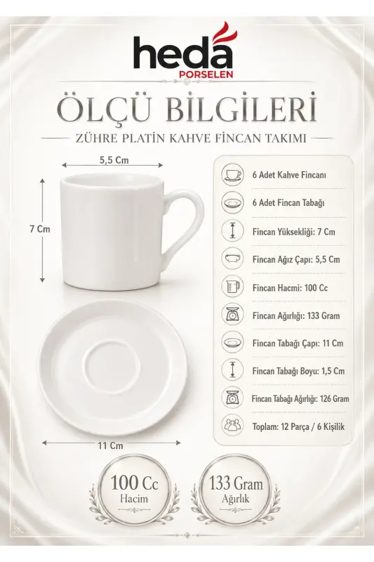 Zühre 12 Parça 6 Kişilik Porselen Kahve Fincan Takımı Kırık Beyaz - Kırık Beyaz - 1
