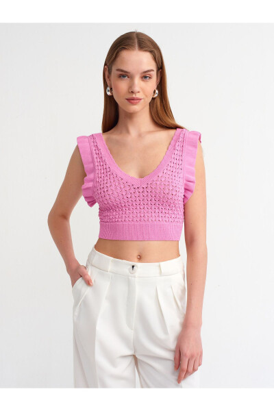 10546 V bo'yinli ruffli triko crop top - pushti 