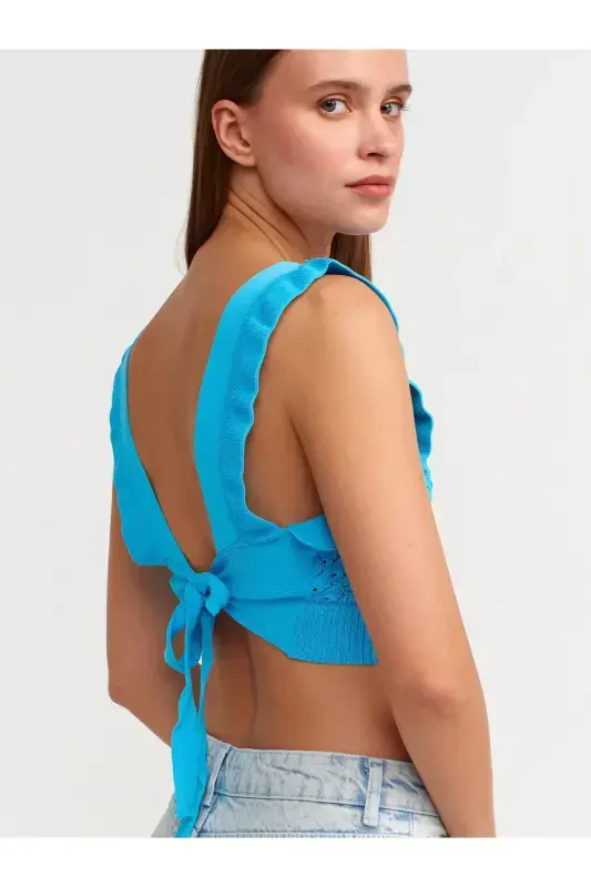 10546 V-Neck Ruffled Knit Crop-Turquoise-turquoise - DILVIN