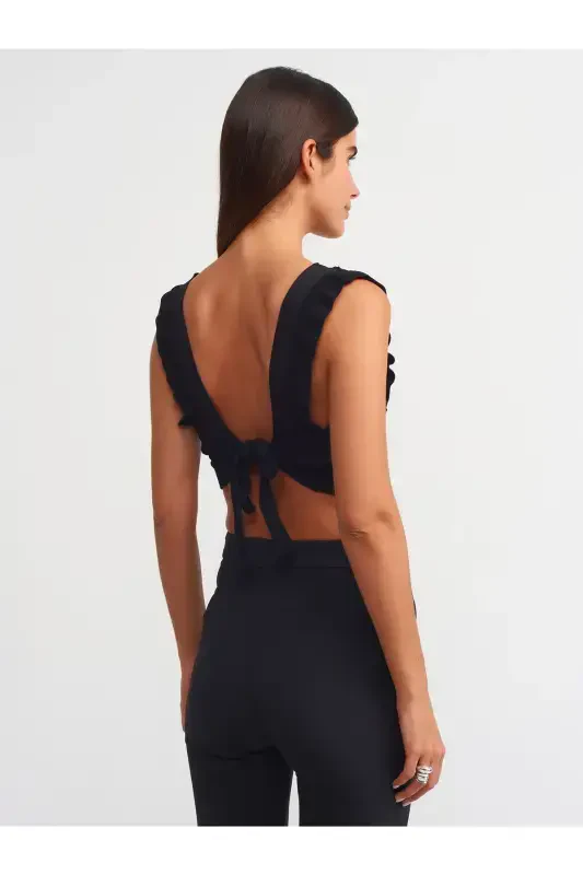 10546 V Yaka Fırfırlı Triko Crop-siyah-Siyah - 2