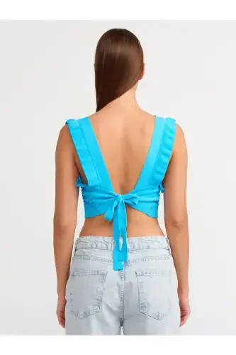 10546 V Yaka Fırfırlı Triko Crop-Turkuaz-turkuaz - 3