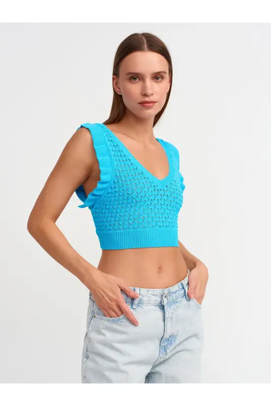10546 V Yoqali Frilly Triko Crop-Turkuaz-turkuaz - 2