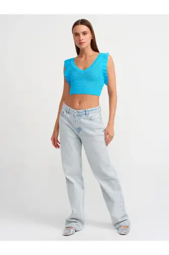 10546 V Yoqali Frilly Triko Crop-Turkuaz-turkuaz - 4