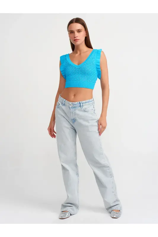 10546 V Yoqali Frilly Triko Crop-Turkuaz-turkuaz - 4