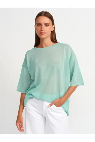 10550 Bisiklet Yaka Kısa Kol Transparan Bluz-Mint - Mint - 1