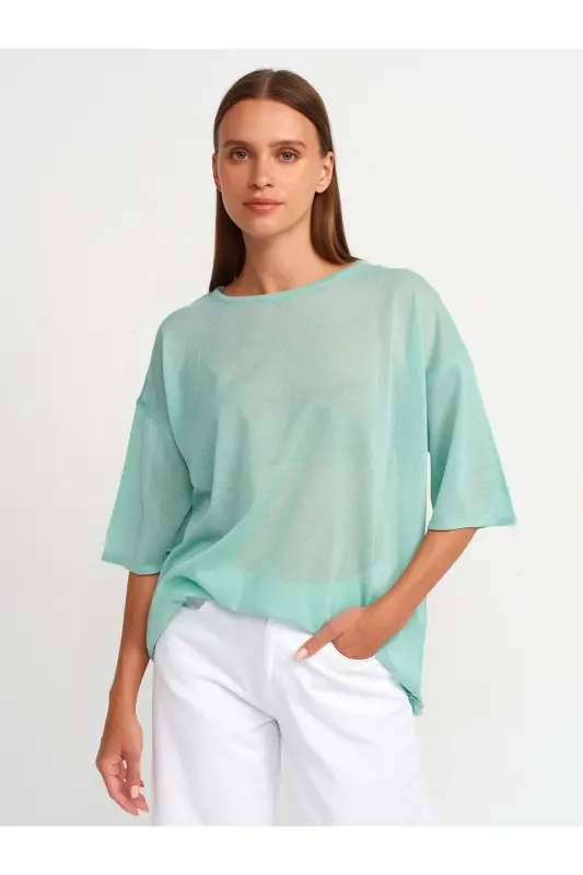 10550 Bisiklet Yaka Kısa Kol Transparan Bluz-Mint - Mint - 1