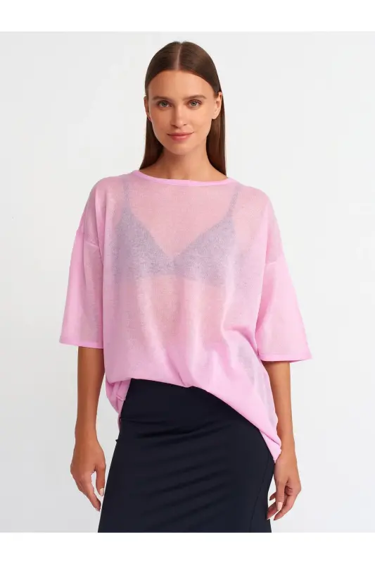 10550 Bisiklet Yaka Kısa Kol Transparan Bluz-Pembe - Pembe - 1
