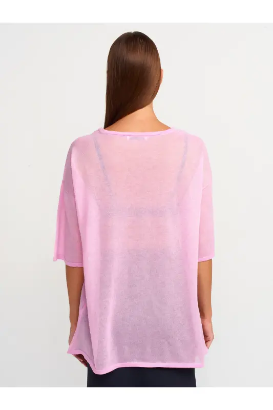 10550 Bisiklet Yaka Kısa Kol Transparan Bluz-Pembe - Pembe - 2