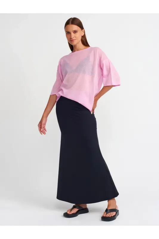 10550 Bisiklet Yaka Kısa Kol Transparan Bluz-Pembe - Pembe - 3