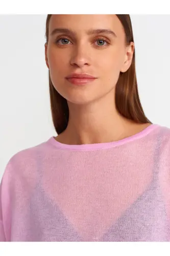 10550 Bisiklet Yaka Kısa Kol Transparan Bluz-Pembe - Pembe - 4