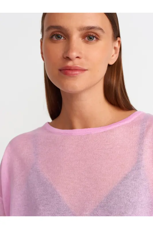 10550 Bisiklet Yaka Kısa Kol Transparan Bluz-Pembe - Pembe - 4