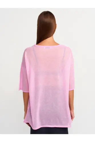 10550 Bisiklet Yaka Kısa Kol Transparan Bluz-Pembe - Pembe - DILVIN (1)
