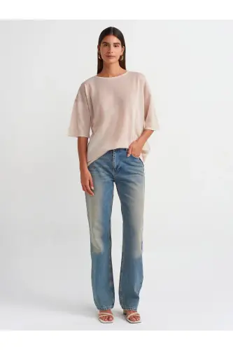 10550 Crew Neck Short Sleeve Transparent Blouse-beige-Beige - 3