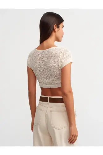 10553 Boat Neck Short Sleeve Floral Openwork Knit Blouse-Ecru-Ecru - DILVIN (1)