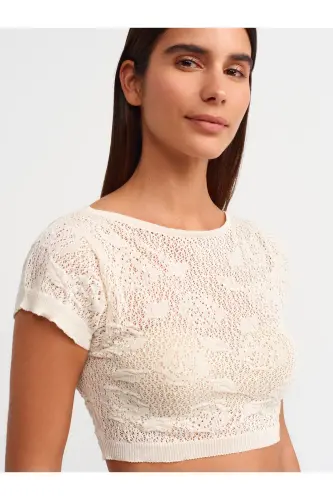 10553 Qayiq Yaka Qisqa Qol Gul Ajurli Triko Bluza-Ekru-Ekru - 4