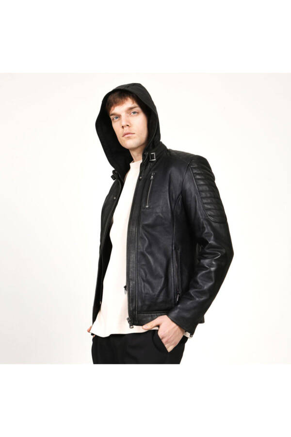 1055/k Black Men's Hooded Leather Jacket - 1