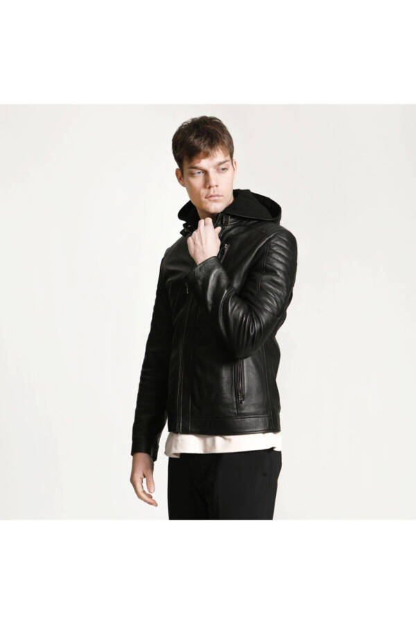 1055/k Black Men's Hooded Leather Jacket - 5