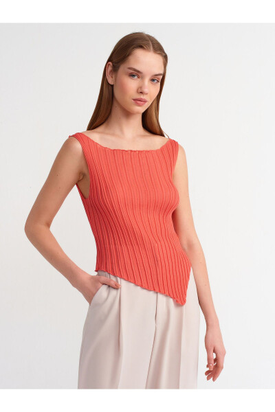 10560 Boat Neck Ribbed Sheer Knit Blouse - Red - DILVIN