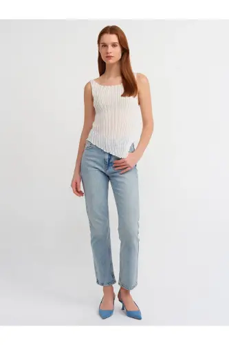10560 Boat Neck Ribbed Transparent Knit Blouse-Ecru-Ecru - 3