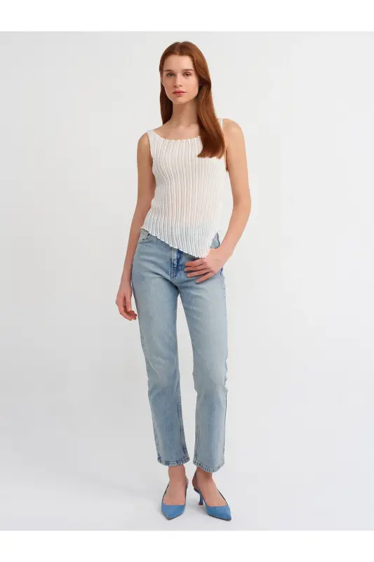 10560 Boat Neck Ribbed Transparent Knit Blouse-Ecru-Ecru - 3