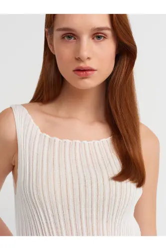 10560 Boat Neck Ribbed Transparent Knit Blouse-Ecru-Ecru - 4