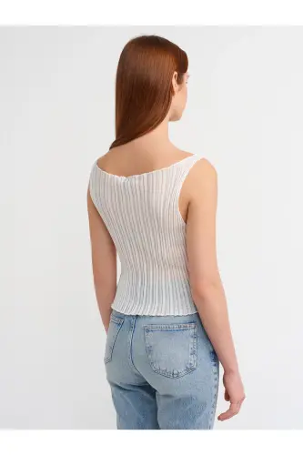 10560 Kayık Yaka Fitilli Transparan Triko Bluz-Ekru-Ekru - DILVIN (1)