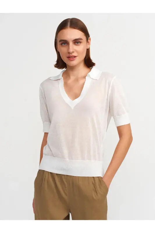 10570 Polo Collar Transparent Blouse-White-White - DILVIN