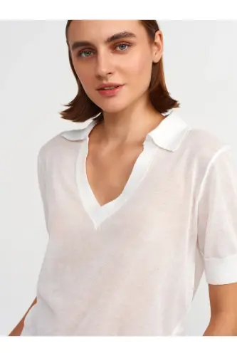 10570 Polo Yaka Transparan Bluz-Beyaz - Beyaz - 4