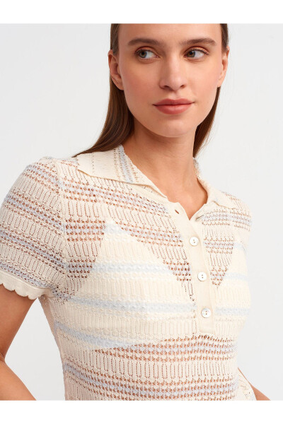 10590 Polo Neck Lace Knit Blouse - Natural - DILVIN