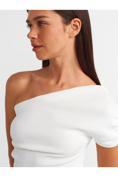 10597 Asymmetric Draped Knit Blouse - Ecru - 4