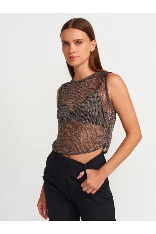 10598 Transparan Parlak Triko Bluz-Çinko-Çinko - 1