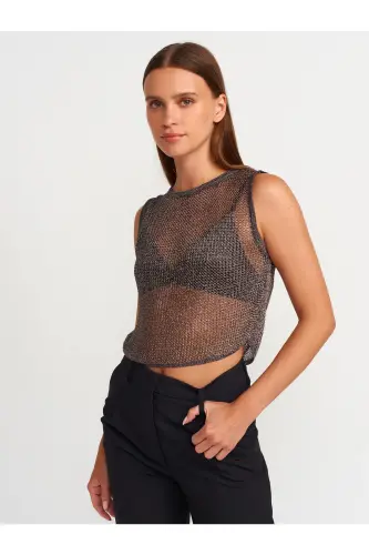 10598 Transparan Parlak Triko Bluz-Çinko-Çinko 