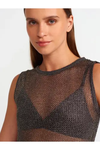 10598 Transparan Parlak Triko Bluz-Çinko-Çinko - 4