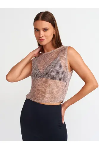 10598 Transparan Parlak Triko Bluz-Pudra-Pudra - 1
