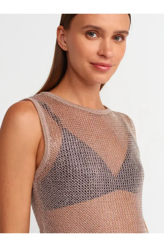 10598 Transparan Parlak Triko Bluz-Pudra-Pudra - 4