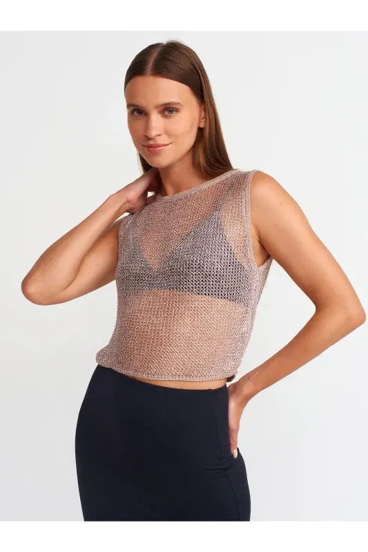 10598 Transparan Parlak Triko Bluz-Pudra-Pudra - DILVIN