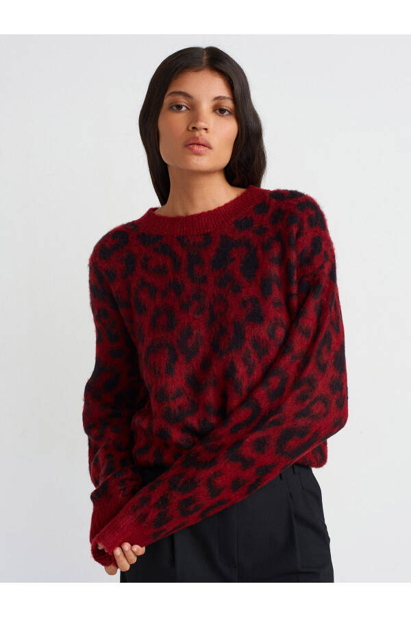 10632 Bike Neck Leopard Mohair Knit Sweater-Burgundy-S - 1