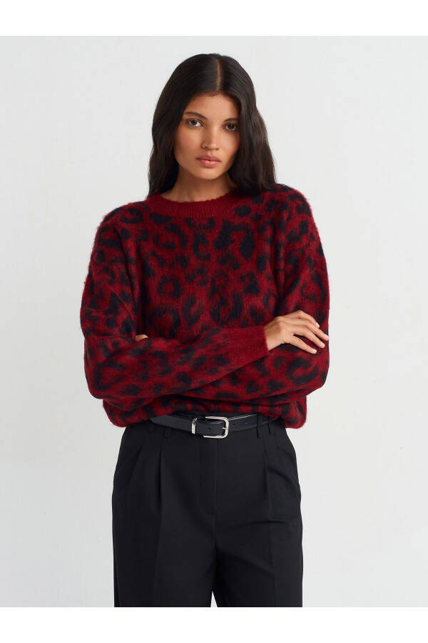 10632 Bike Neck Leopard Mohair Knit Sweater-Burgundy-S - 4