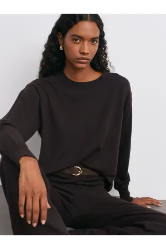 10633 Bisiklet Yaka Yünlü Basic Triko Kazak-Koyu Kahve-Koyu Kahve - 1