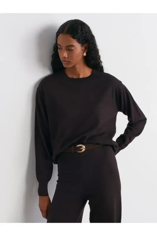 10633 Bisiklet Yaka Yünlü Basic Triko Kazak-Koyu Kahve-Koyu Kahve - 3