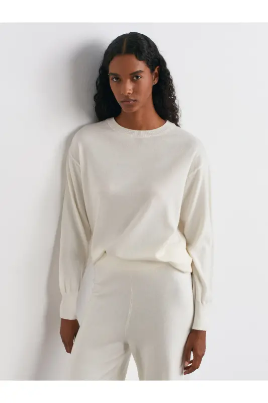 10633 Crew Neck Basic Knit Sweater-Ecru-Ecru - 1