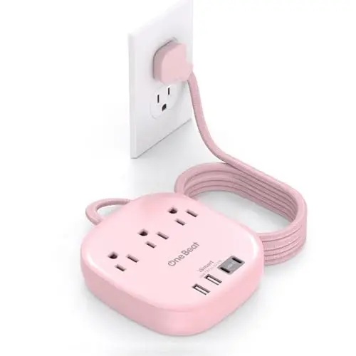 10Ft Flat Plug Power Strip, Pink Flat Extension Cord - 3 Outlets 4 USB Ports (2 USB C) Desktop Charging Station, Cruise Ship Power Strip with No Surge Protection for Travel, Dorm Room Essentials 