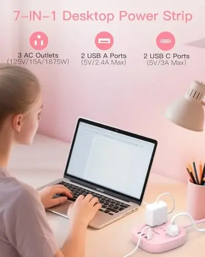 10Ft Flat Plug Power Strip, Pink Flat Extension Cord - 3 Outlets 4 USB Ports (2 USB C) Desktop Charging Station, Cruise Ship Power Strip with No Surge Protection for Travel, Dorm Room Essentials - 2