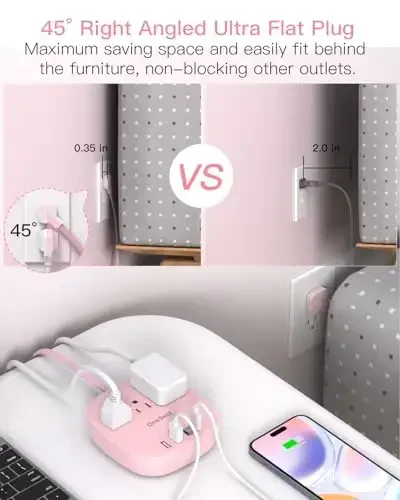 10Ft Flat Plug Power Strip, Pink Flat Extension Cord - 3 Outlets 4 USB Ports (2 USB C) Desktop Charging Station, Cruise Ship Power Strip with No Surge Protection for Travel, Dorm Room Essentials - 4