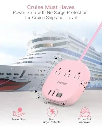 10Ft Flat Plug Power Strip, Pink Flat Extension Cord - 3 Outlets 4 USB Ports (2 USB C) Desktop Charging Station, Cruise Ship Power Strip with No Surge Protection for Travel, Dorm Room Essentials - 6