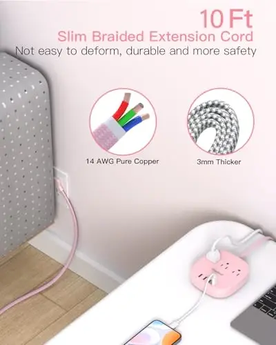 10Ft Flat Plug Power Strip, Pink Flat Extension Cord - 3 Outlets 4 USB Ports (2 USB C) Desktop Charging Station, Cruise Ship Power Strip with No Surge Protection for Travel, Dorm Room Essentials - 3
