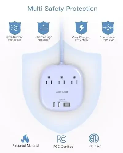 10Ft Flat Plug Power Strip, Purple Flat Extension Cord - 3 Outlets 4 USB Ports (2 USB C) Desktop Charging Station, Cruise Ship Power Strip with No Surge Protection for Travel, Dorm Room Essentials - 7