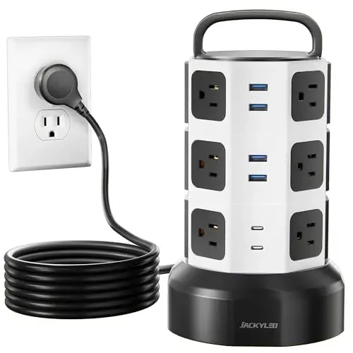 【10ft】 Power Strip Tower JACKYLED Surge Protector Electric Charging Station with 13A 12 Outlets 6 USB Ports Heavy Duty Extension Cord for Home Office Computer Nightstand Laptop Phone White Black - JACKYLED