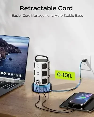 【10ft】 Power Strip Tower JACKYLED Surge Protector Electric Charging Station with 13A 12 Outlets 6 USB Ports Heavy Duty Extension Cord for Home Office Computer Nightstand Laptop Phone White Black - 3