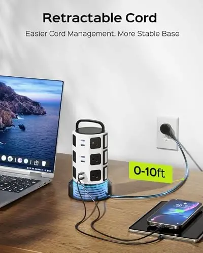 【10ft】 Power Strip Tower JACKYLED Surge Protector Electric Charging Station with 13A 12 Outlets 6 USB Ports Heavy Duty Extension Cord for Home Office Computer Nightstand Laptop Phone White Black - 3
